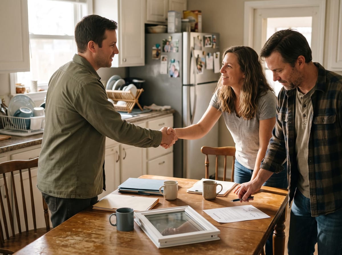 A rep and homeowner shaking hands across a kitchen table.