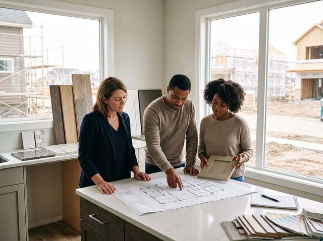 A new-home consultant and buyers reviewing a floor plan.