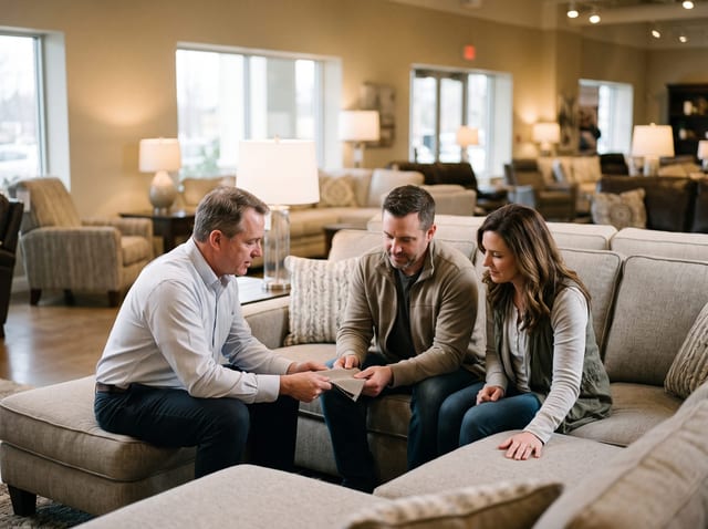A sales rep and customers comparing a fabric swatch beside a sofa.
