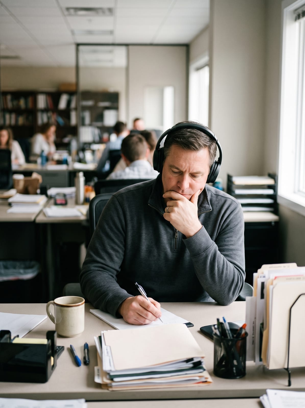 A manager wearing headphones and writing a coaching note at his desk.