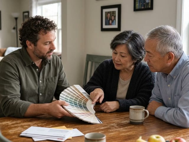 A rep and homeowners comparing siding samples at a dining table.